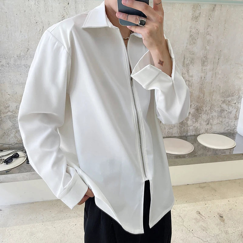 

Zipper Cool Fashionwhite Korean Style Long Sleeve Shirt Men Oversize Blouses Spring Autumn Elegant 2023 New Harajuku Streetwear