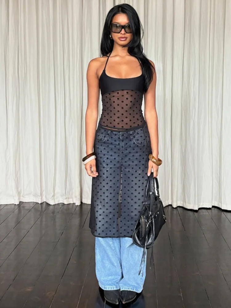 

FDYOUI Sexy Polka Dot Mesh Dress Two Piece Sets Women 2026 Halter Neck Corset Tops+Midi Skirt Suit See-through Party Club Outfit