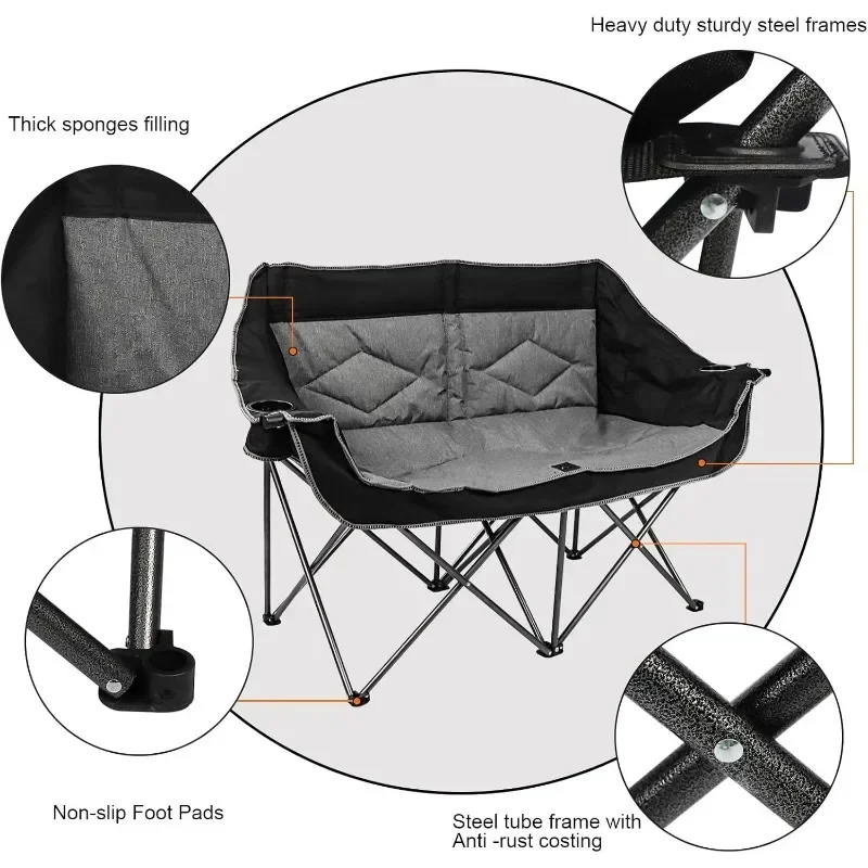 Custom Portable Folding Couple Heated Double Seat Outdoor Furniture Leisure Luxury Lazy Folding Camp Garden Beach Chairs