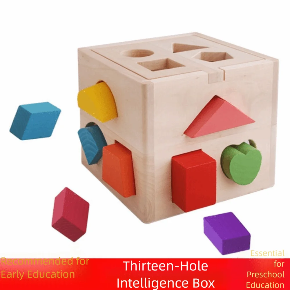 Hölzerner Montessori-Formsortierer, quadratische Box, 13-Loch-Montessori-Form, passendes Spielzeug, bunte frühkindliche Bildung