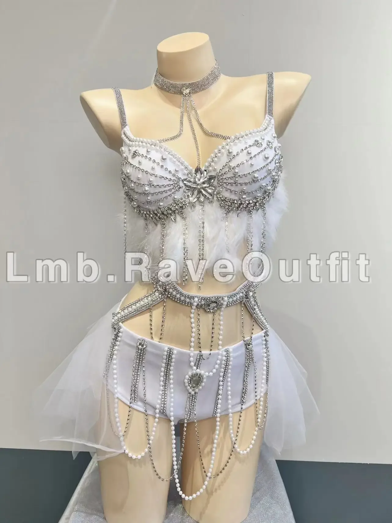 Nightclub Bar Female Singer Stage Dance Festival Outfit Shiny Pearl Tassel Chain Bikini Set Bra+Mesh Dress Shorts Sexy Suit