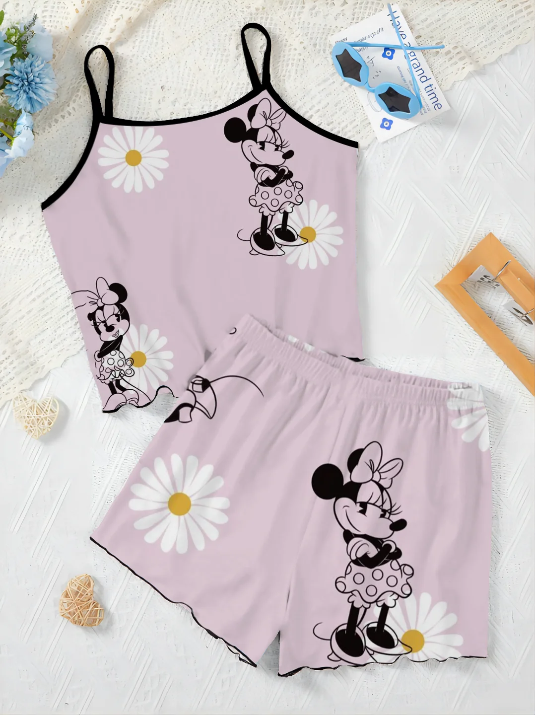 Conjunto elegante de 2 piezas de Disney para mujer, vestido con ribete de lechuga, camiseta de Minnie Mouse, Top de Mickey, falda de pijama, traje corto