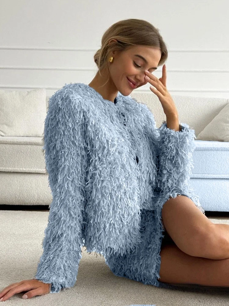 Women Korean Ins-Style Blue Tassel Coat Female Sweet Y2k Clothes 2024 Autumn Winter New Elegant Slim-Fit Knitted Cardigan Jacket