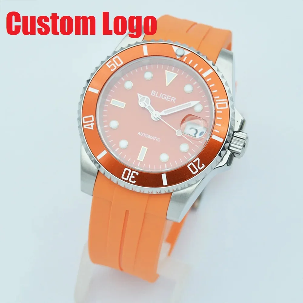 

40mm Orange Mechanical Watches NH35A Automatic Self-Winding Movement See-through Glass Back Sapphire Crystal Custom logo Watches