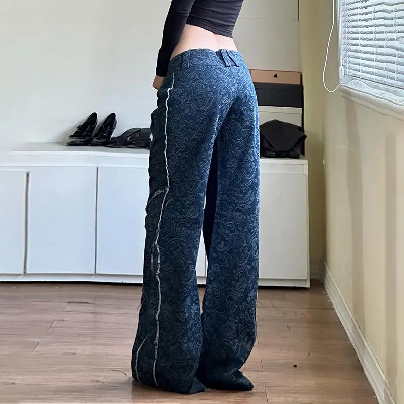 Calça jeans reta feminina de borda crua, rua americana, personalidade solta, emagrecedora, retrô, casual, até o chão