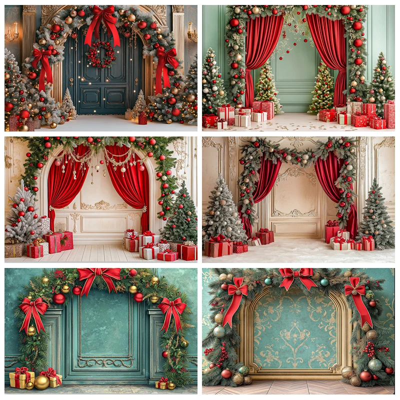 

Christmas Arch With Red Ribbons Green Wall Photography Backdrop Kids Baby Adult Festival Backgrounds Decor Photo Studio Props