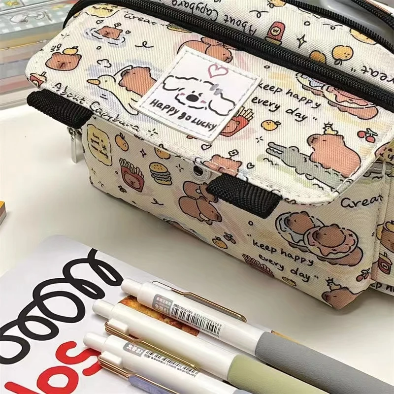 New Portable Cute Capybara Flip Pencil Cases Fashion Cartoon Pencil Pouch Kawaii Stationery Storage Bag Cosmetic Bags Coin Purse