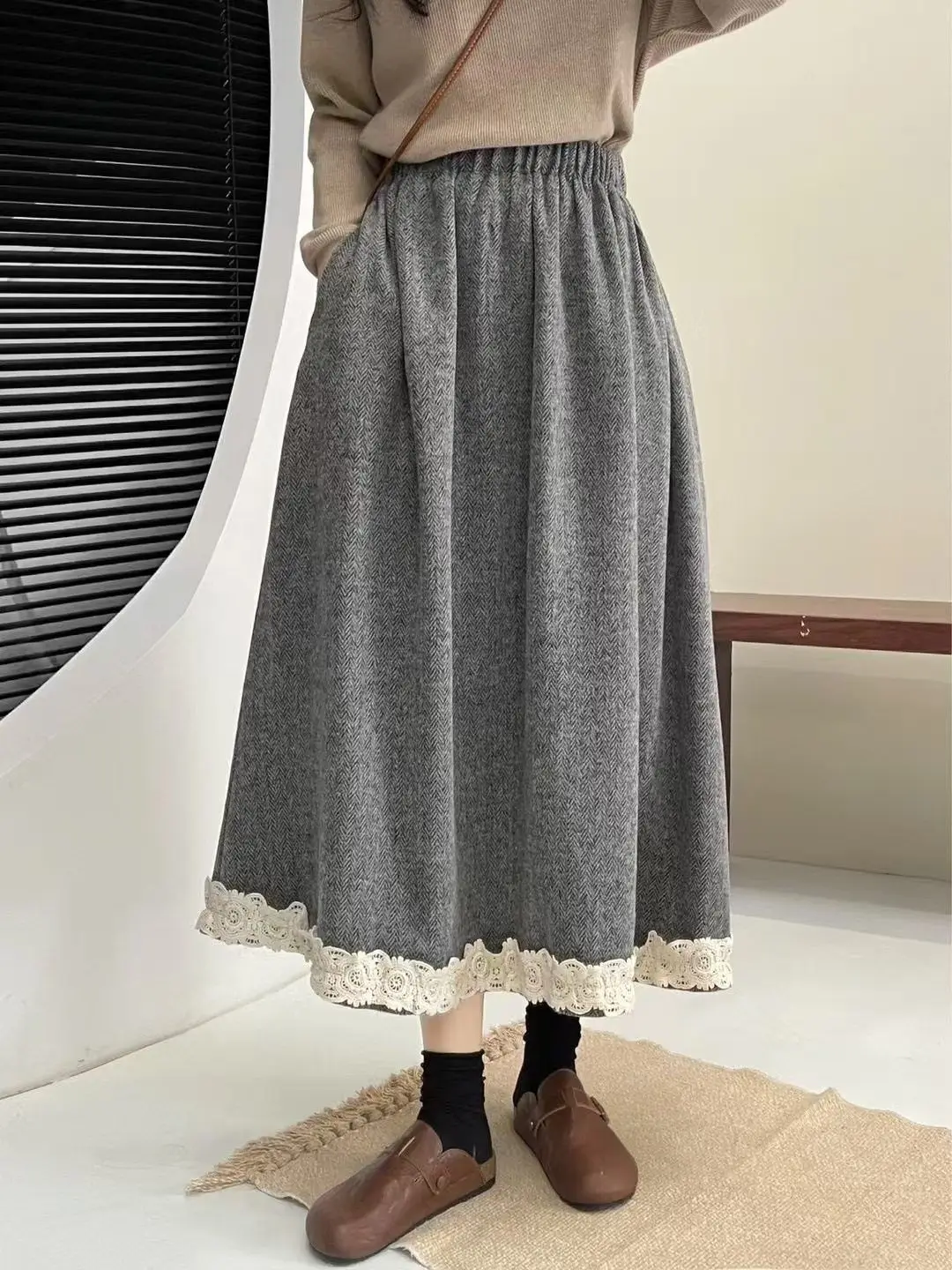 New Autumn Cotton Casual Skirts, Women Elastic Waist Lace, Mori Girl Retro Japan Style Warm Loose A-Line Skirt, Winter B4N613CC