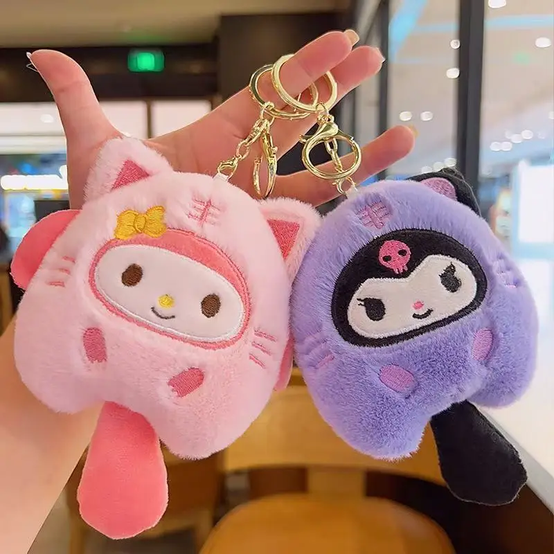 Porte-clés en peluche Hello Kitty MyMelody Kuromi cannelle, Animal de dessin animé, sac d'école en peluche, pendentif, sac à dos, poupée de décoration