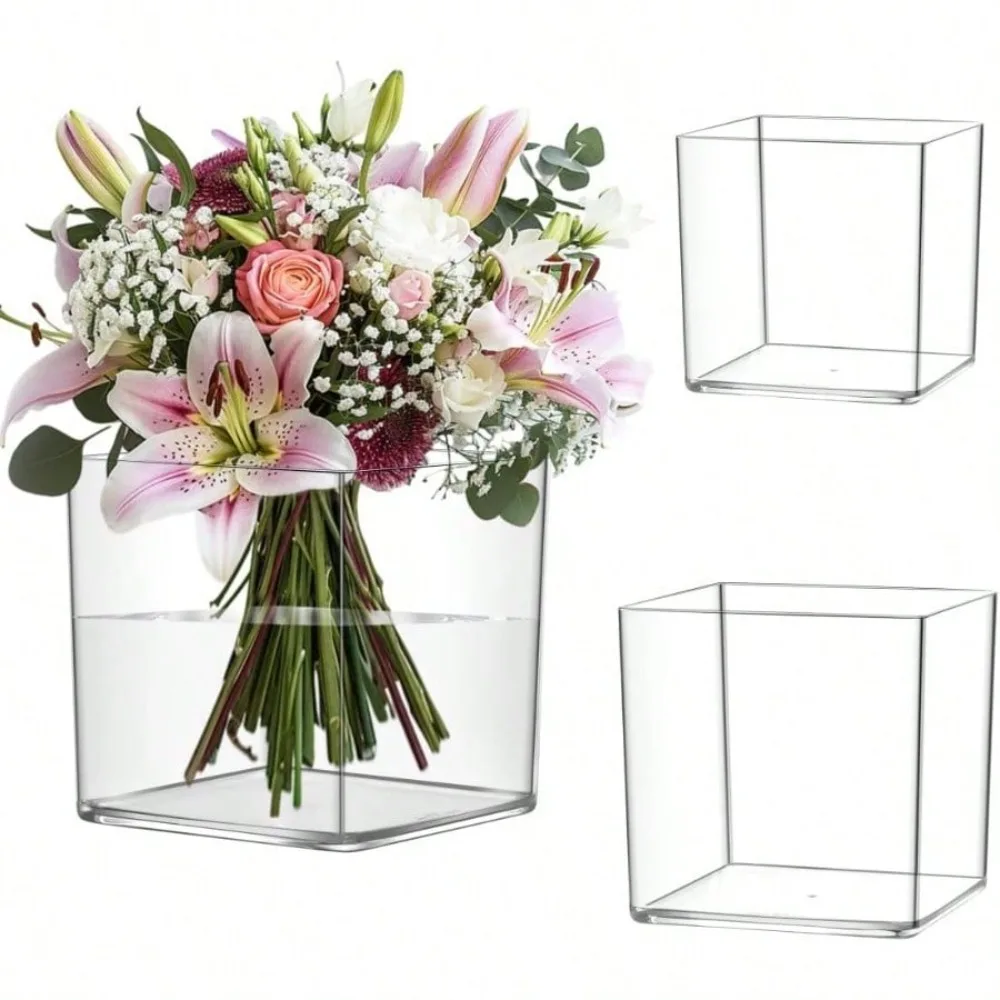 

Цилиндрическая ваза, толстая, небьющаяся, пластиковая, декоративная, для дома или свадьбы, 3.94+5.9+7.87 дюймов, квадратная, прозрачная