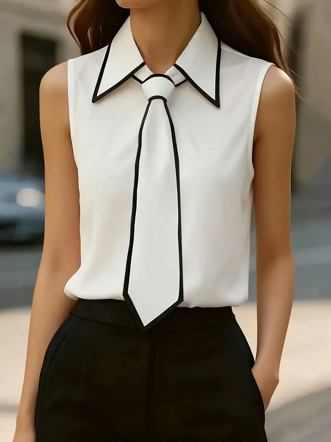 

Women's Sleeveless White Blouse With Contrast Black Trim Collar And Detachable Tie