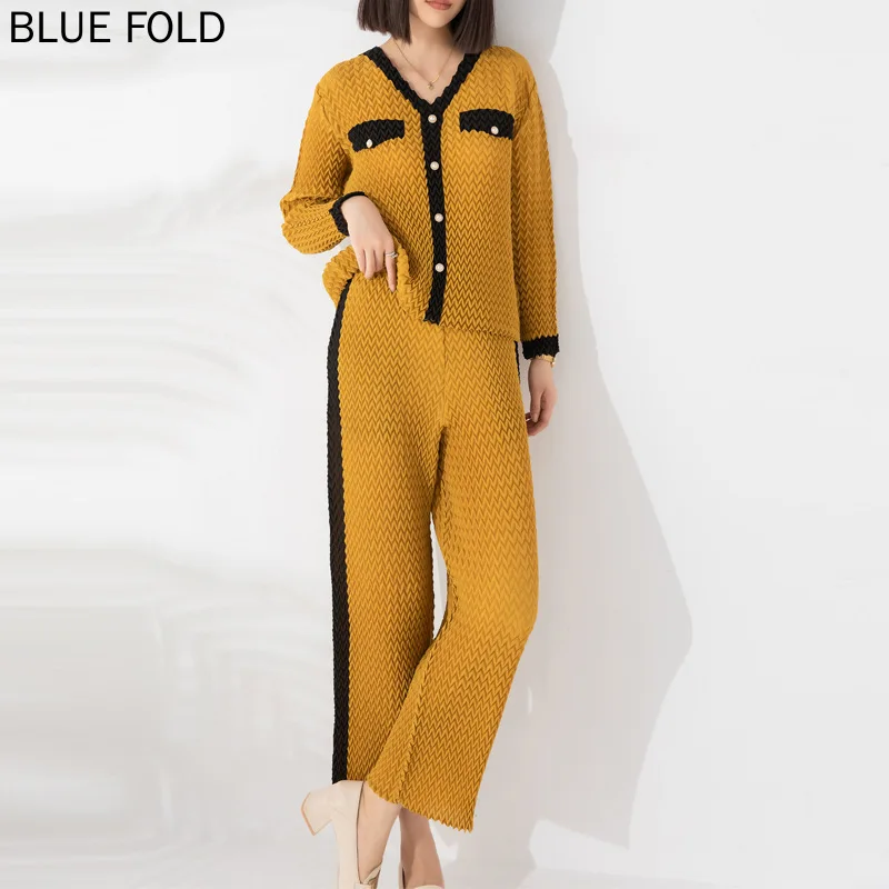 

MIYAKE-Women's Pineapple Pleated Loose Top and Straight Pants Set, Fashionable Contrasting Color, Autumn Suit, New, 2 Pcs