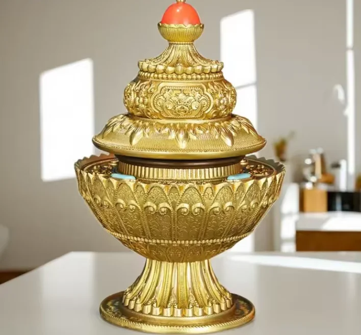 16cm Copper Three layers rice pot box Tibet Eight auspicious wealth vase Lucky decor