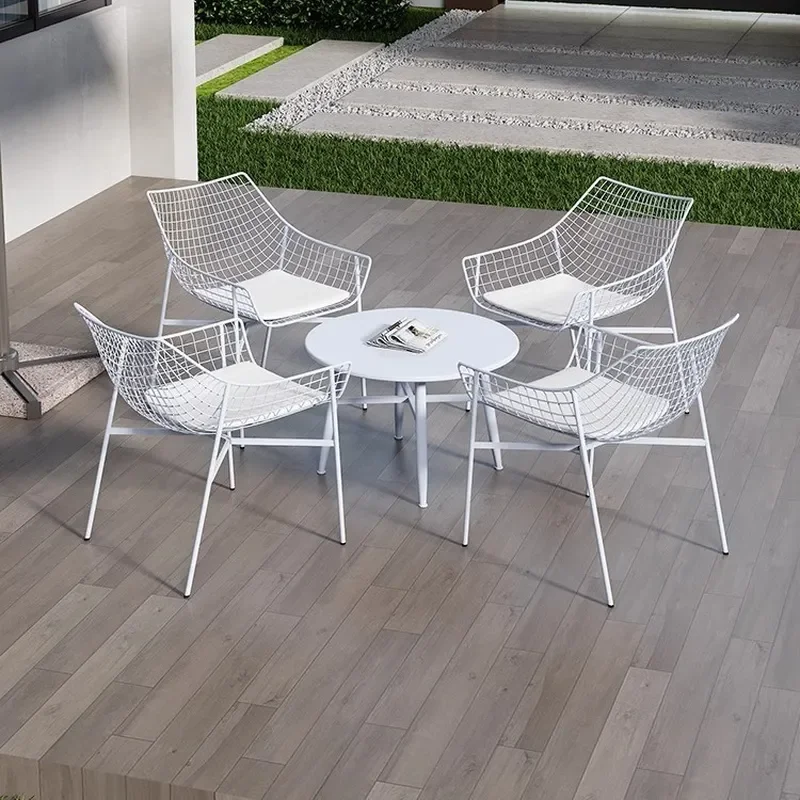 Waterproof Wrought Iron Patio Set Stainless Steel Garden Table Chairs with Umbrella Outdoor Courtyard Furniture