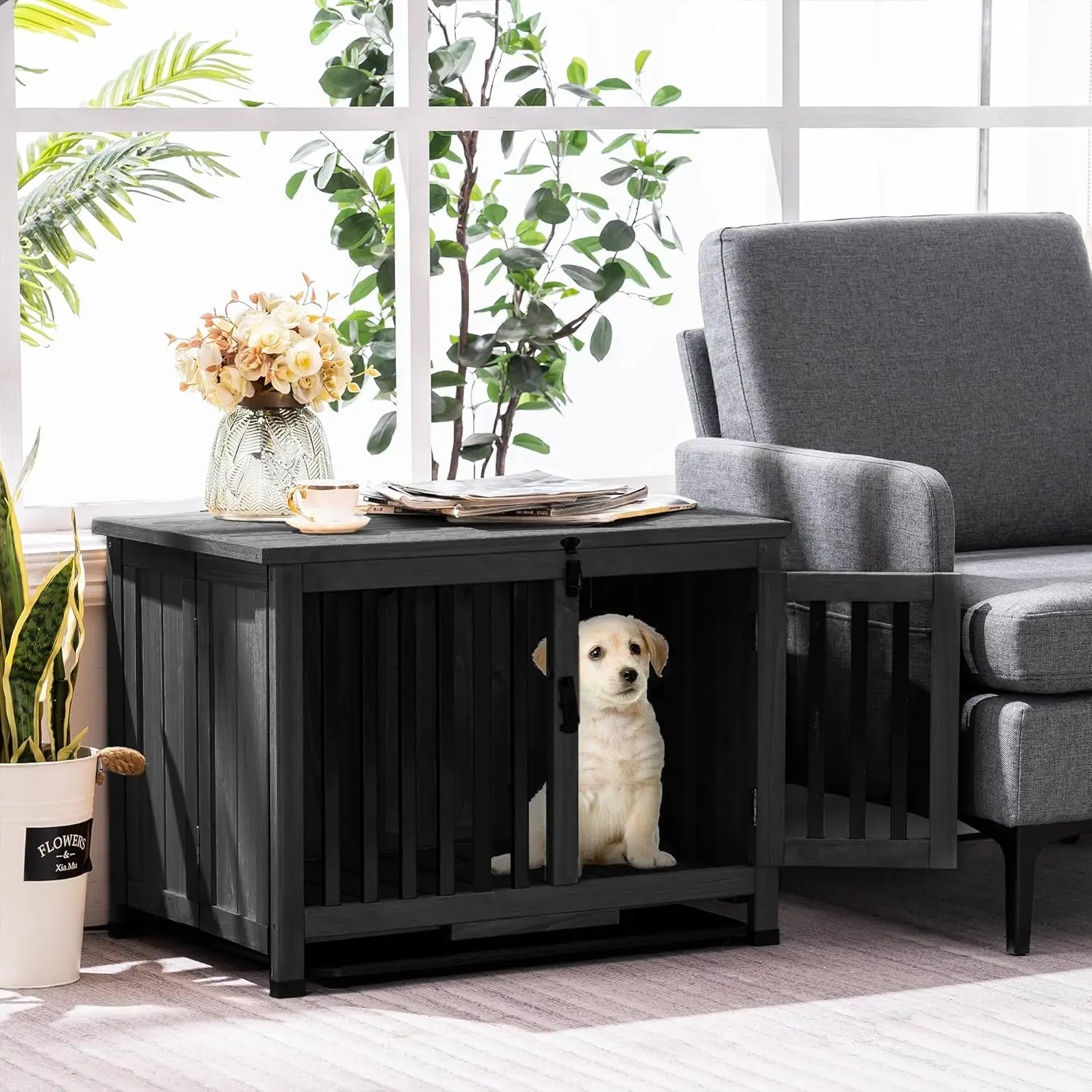 Wooden Dog Crate Furniture, Dog Kennel Pet House End Table, Solid Wood Portable Foldable Indoor Cage for Dogs,