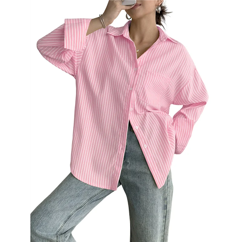 CGS – Camisas femininas com botões, camisas formais listradas, mangas compridas, lapelas, camisas de trabalho de escritório, tops