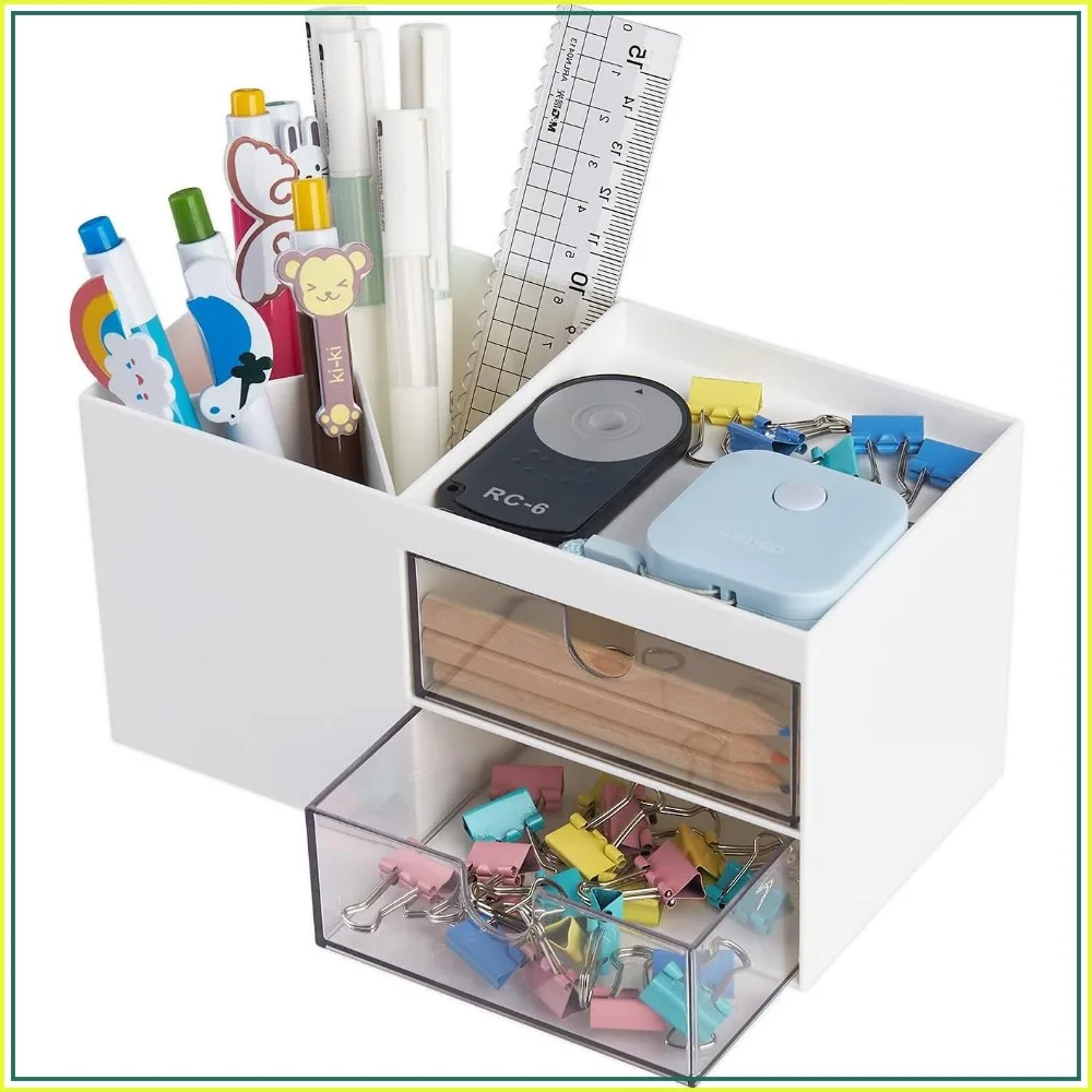 Office Desk Organizer with Drawer, 6 Compartments Stationery Holder for Pens, Business Cards, Phone, White
