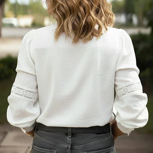 Women's Casual Shirt Spring & Autumn New Elegant Literary Style Ruffled Panel Stand Collar Long Sleeve White Blouse for Women