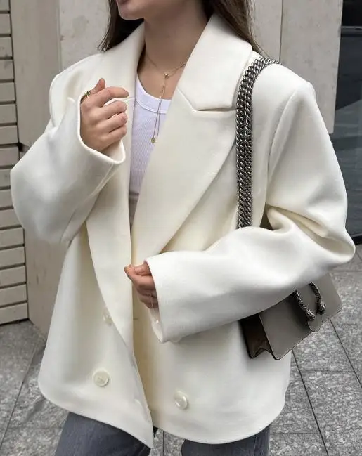 Women's Blazer 2025 Spring Autumn New Solid Color Notched Collar Long Sleeve Loose Casual Double-Breasted Blazer Coat