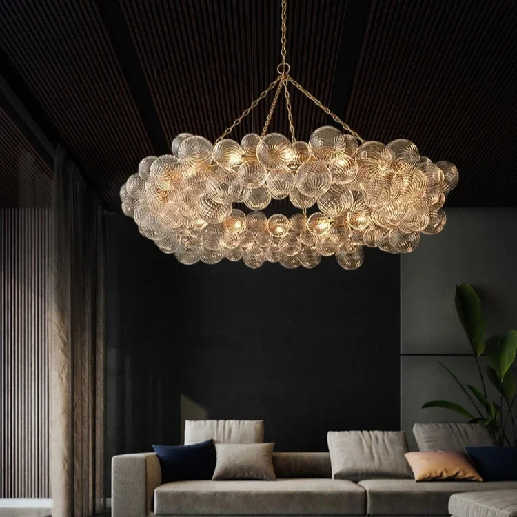 

French light luxury LED living room bubble chandelier, dining room ceiling lighting, glass shade, can be customised