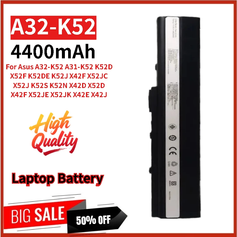 

High Quality A32-K52 Laptop Battery 10.8V 4400mAh for Asus X52F X52J K52D X42D X42F X42J X52D K52J K52S K52N X52JC Brand New