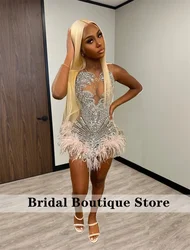 Sparkly Diamonds Short Prom Dress 2024 Sheer Mesh Glitter Crystals Beads Feathers Senior Graduation Birthday Party  Customized