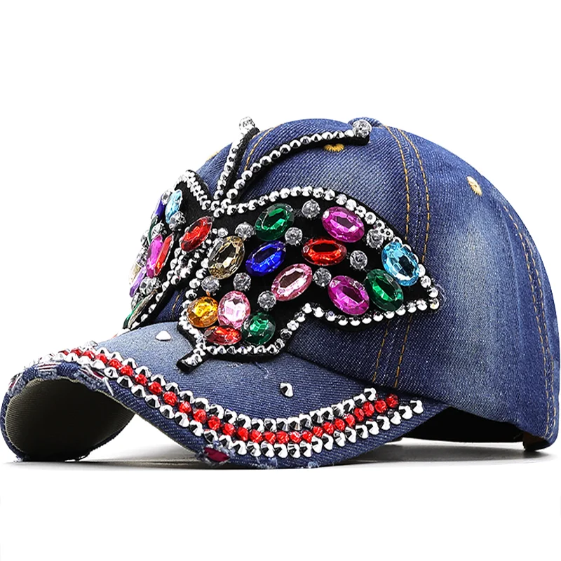 luxury DIY Baseball Cap Women Full Crystal Colorful Big Butterfly Hat Denim Bling Rhinestone Snapback Caps Casquette Summer hats
