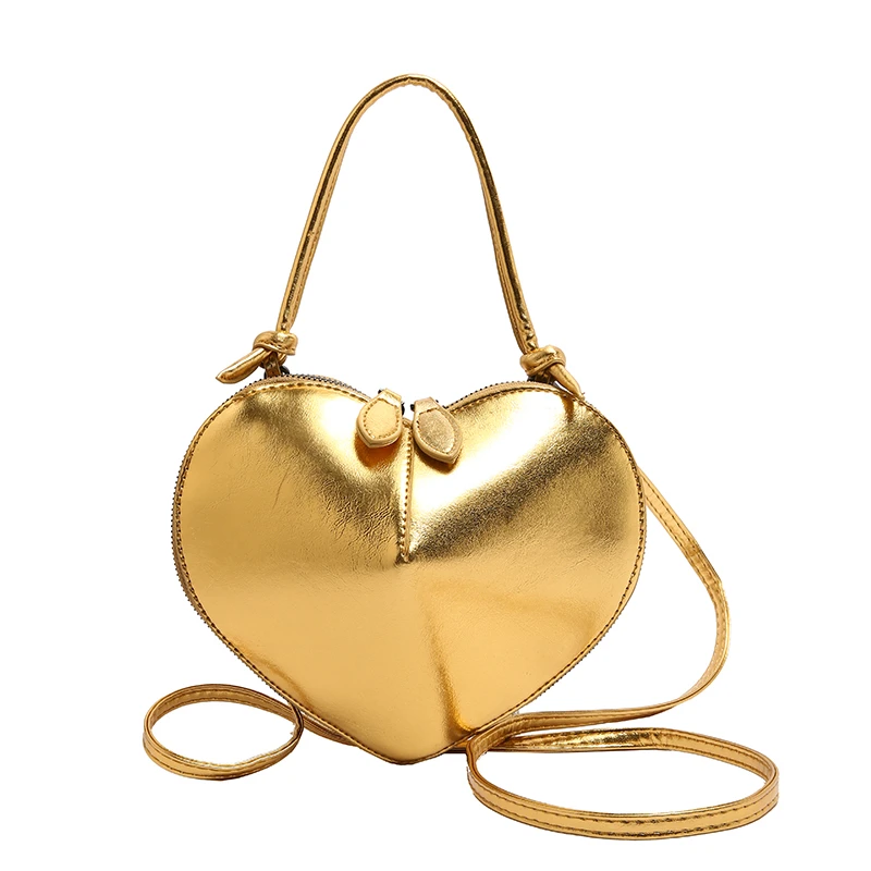 

Cute Heart Bags For Women With Handle Sweet Heart Love Shipe Handbag Shiny Gold Pouch Bag Ladys Lovely Heart Design Clutch Bag