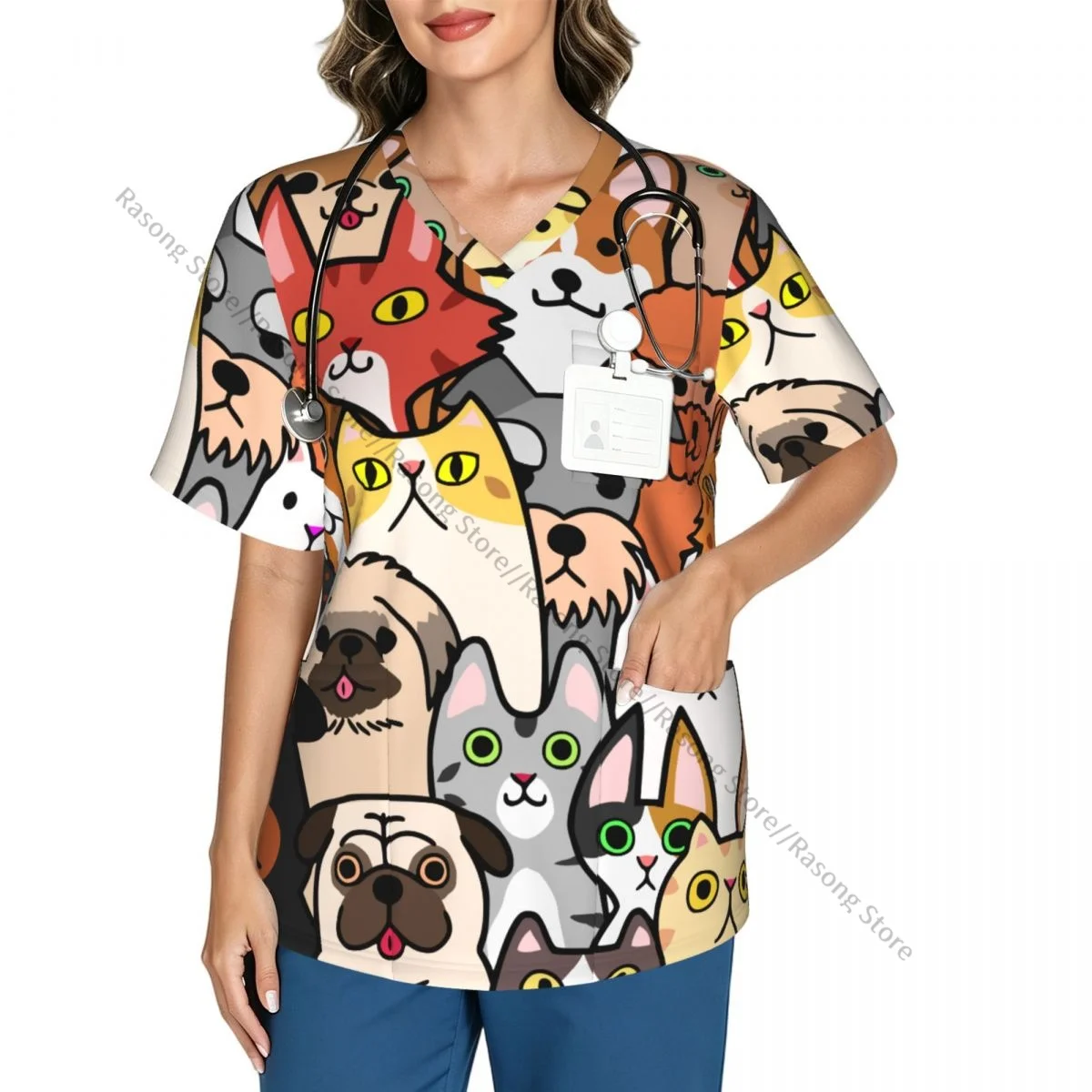 Doodle Dogs And Cats Faces Scrubs tops medical uniforms women V Neck Stretch Scrub Shirt Dentist doctor Blouse