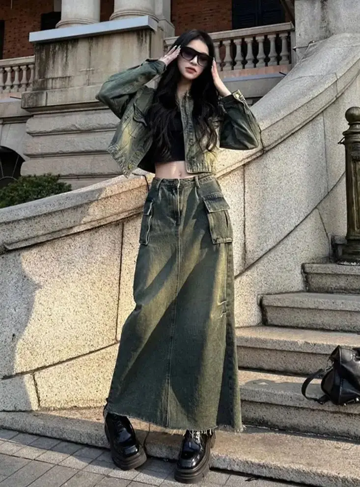 

Two-Piece Set Dark Retro Distressed Washed Denim Jacket High-Waisted Long Skirt Women 2025 Spring New Suit