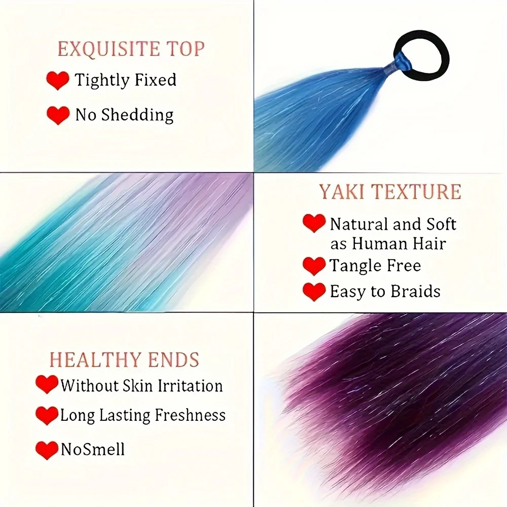 24inch Y2K rainbow Shiny Long straight hair Extensions Rubber band ponytail Gradient color Braids Party women girls hairs wigs