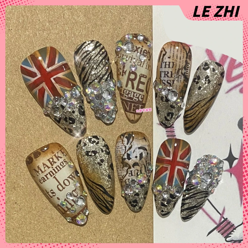 

10Pcs Y2K Spicy Girl Hand-Drawn Flag Letter Handmade Almond Press On Nail Shining Diamond Zebra Stripes Wearable Full Cover Nail