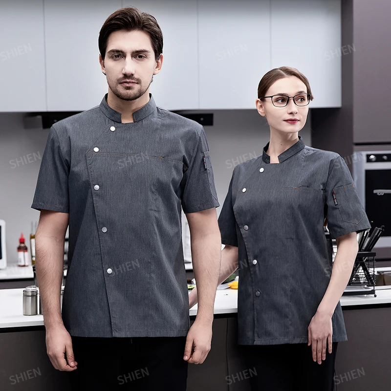Summer Men Black Chef Coat Women Short Sleeve Apron Chef Jacket Head Chef Uniform Restaurant Hotel Kitchen Cooking Clothes logo