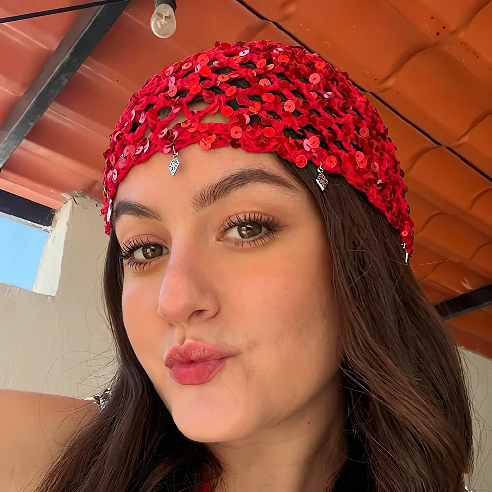 2026 New Sequined Crochet Hat Women Bohemian Style Hollow Knitted Hat Y2K Pullover Hat Red Beanie Hat Turban Hat Mesh Hat Beret