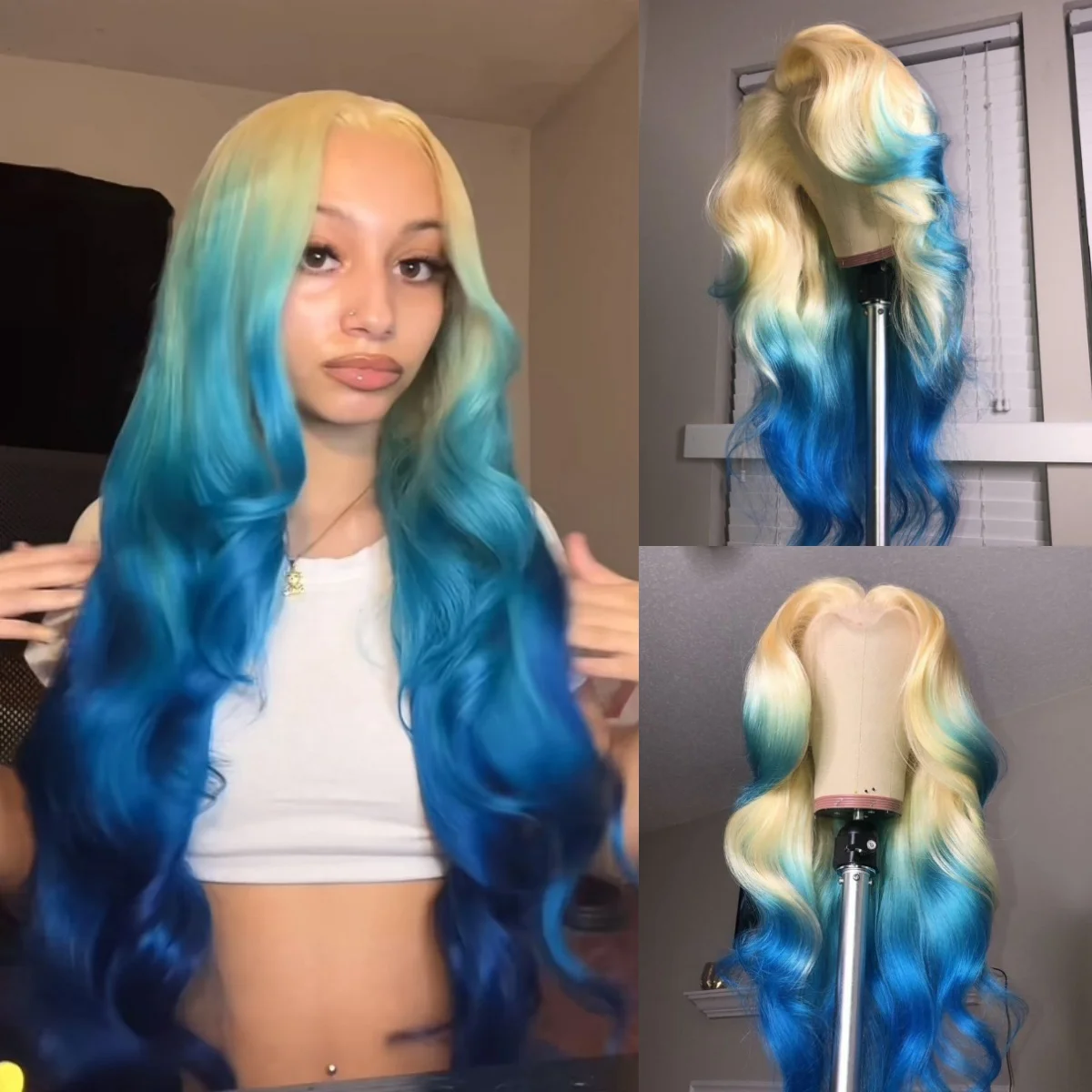 

613 Blonde Ombre Blue 13x4 HD Body Wave Lace Front Wig Synthetic And Blend perruque Pre Plucked Glueless Cosplay For Women