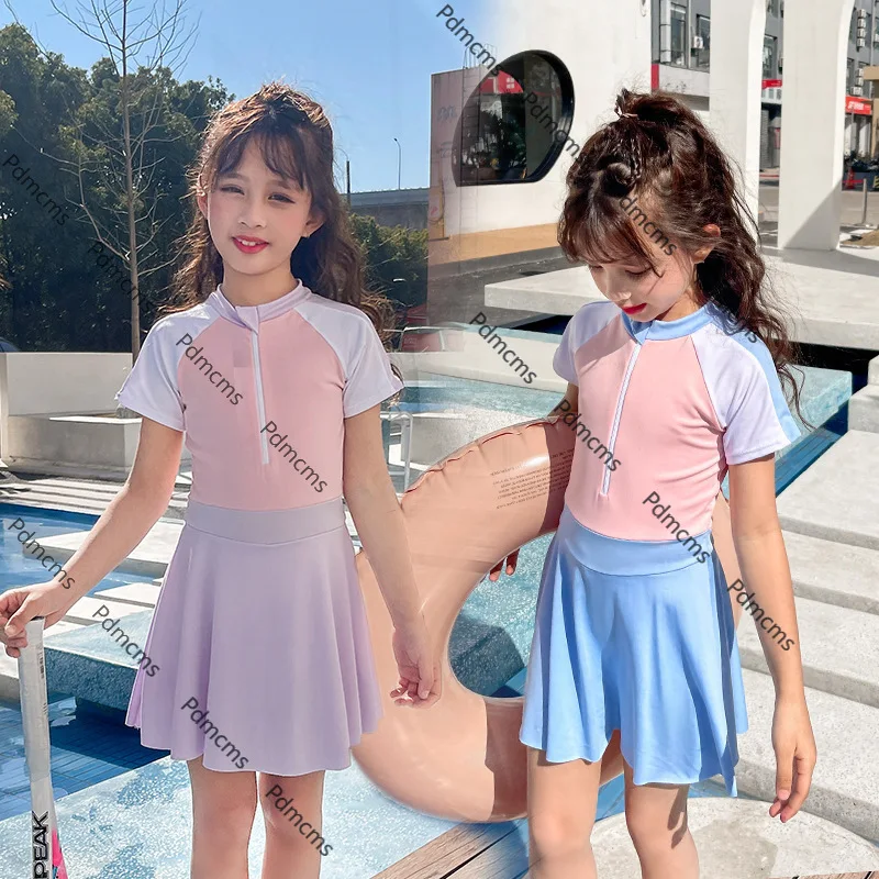 

2025 new children's swimsuit women's sports one-piece swimsuit color matching dress women's middle-aged children's swimsuit bubb