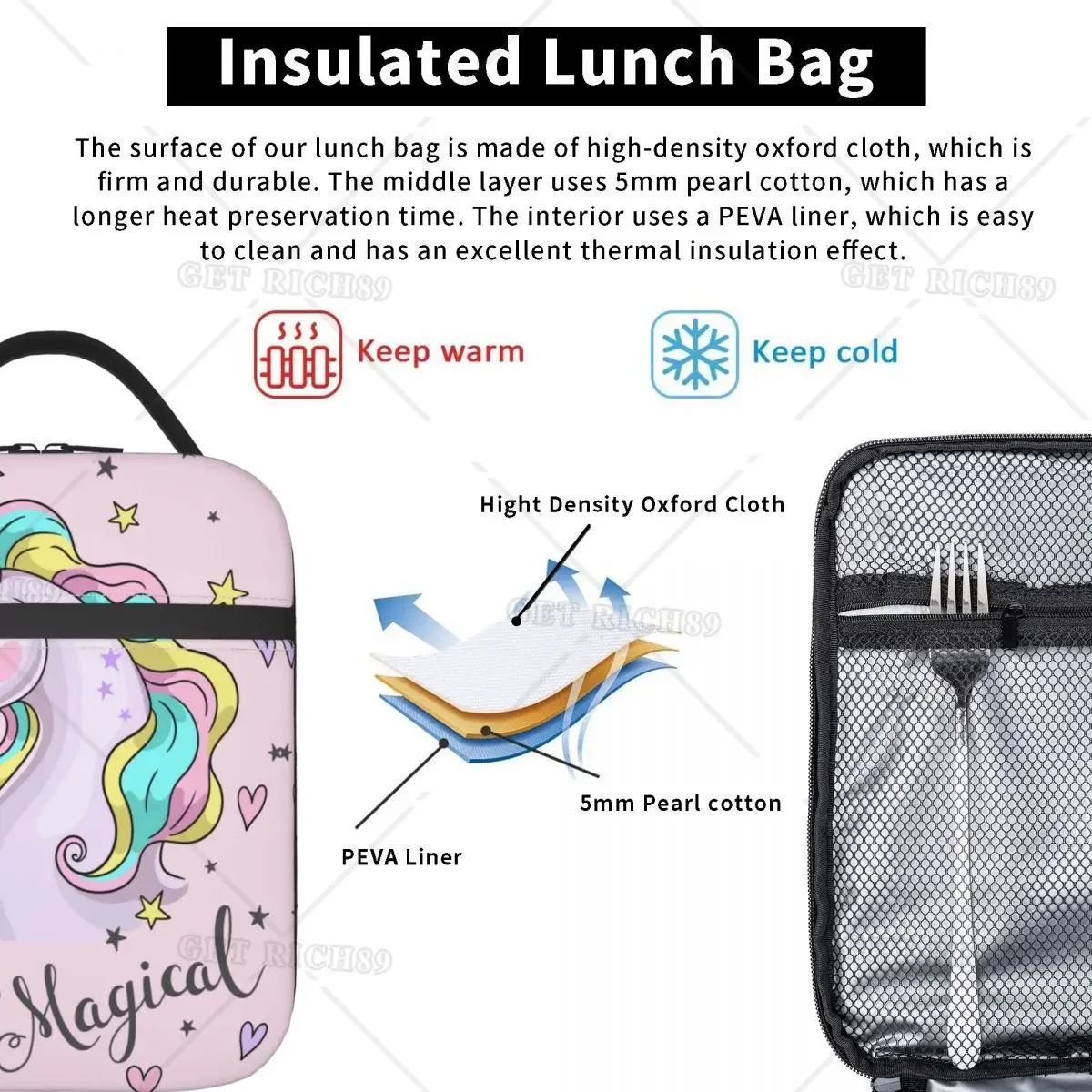 Pink Magical Unicorn Gift for Daugher Kids Insulated Lunch Bag Reusable Food Box Portable Cooler Thermal Bento Box Outdoor