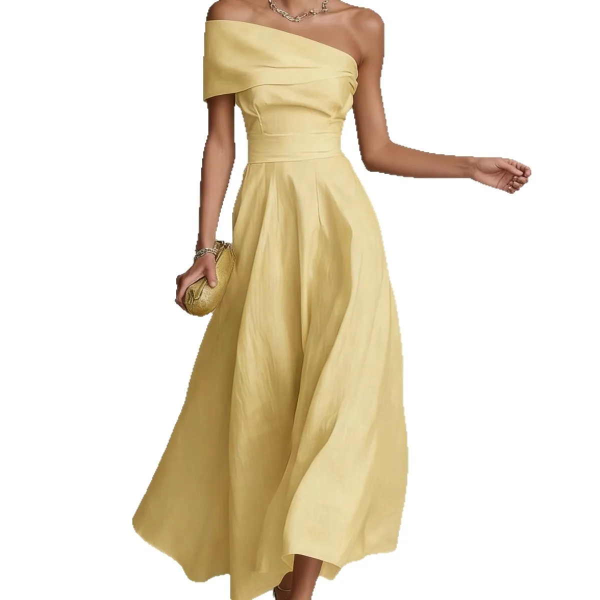 Elegant Off Shoulder A Line Dress for Wedding Guest Summer Party Prom - Short Sleeve Solid Color Knee Length Woven Fitted Waist