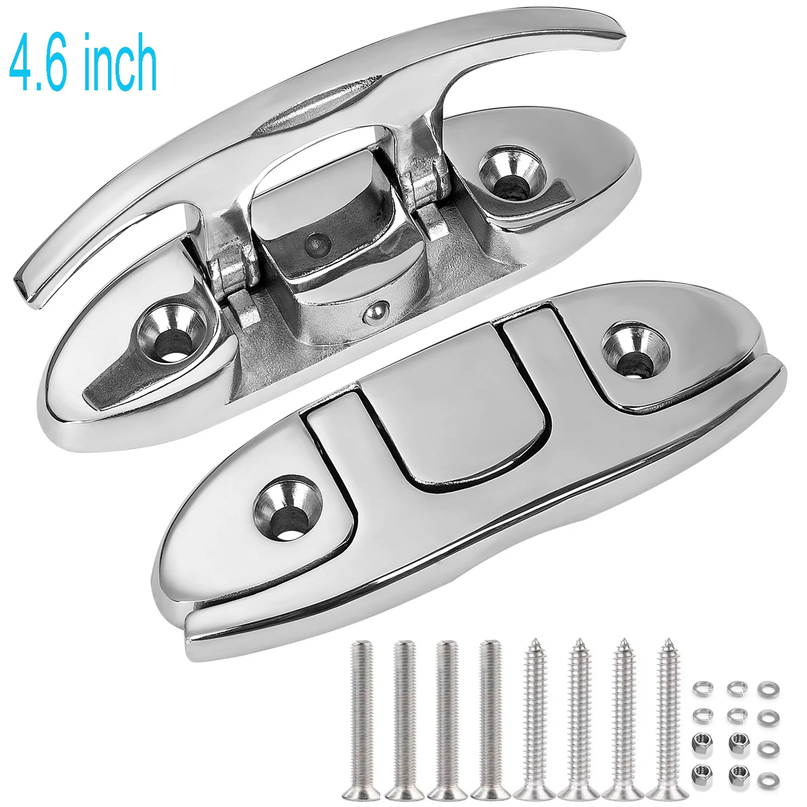 Marine Grade Boat Folding Cleat 4.6 inch 316 Stainless Steel, Heavy Duty Flip-up Dock Cleat with Back Plate and  Accessories.