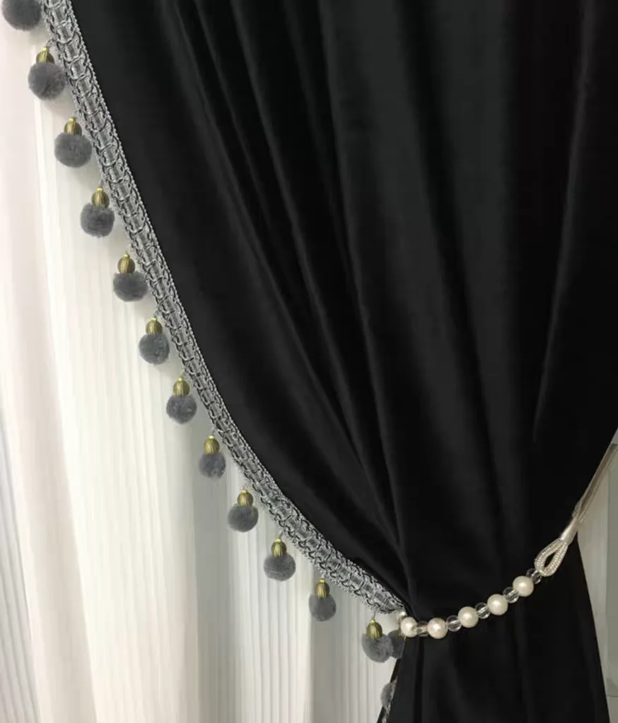 Custom Upscale Retro blackout new French thick velvet  high-grade living room black cloth blackout curtain tulle drape C1880