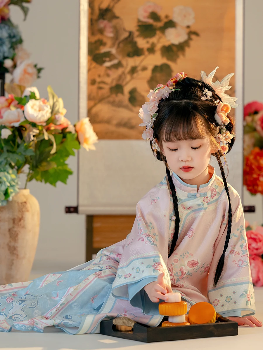 한푸 여아 가을 의류 2024, 어린이 명나라, 긴 중국 스타일, 새로운 중국 말 스커트 세트