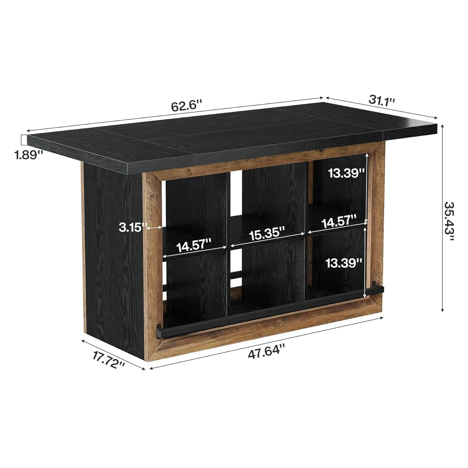 Bar Table with Storage, 62.6" Rectangular Home Bar Cabinet Unit with 6 Spacious Cubbies and Metal Footrests, Large Counter Heigh