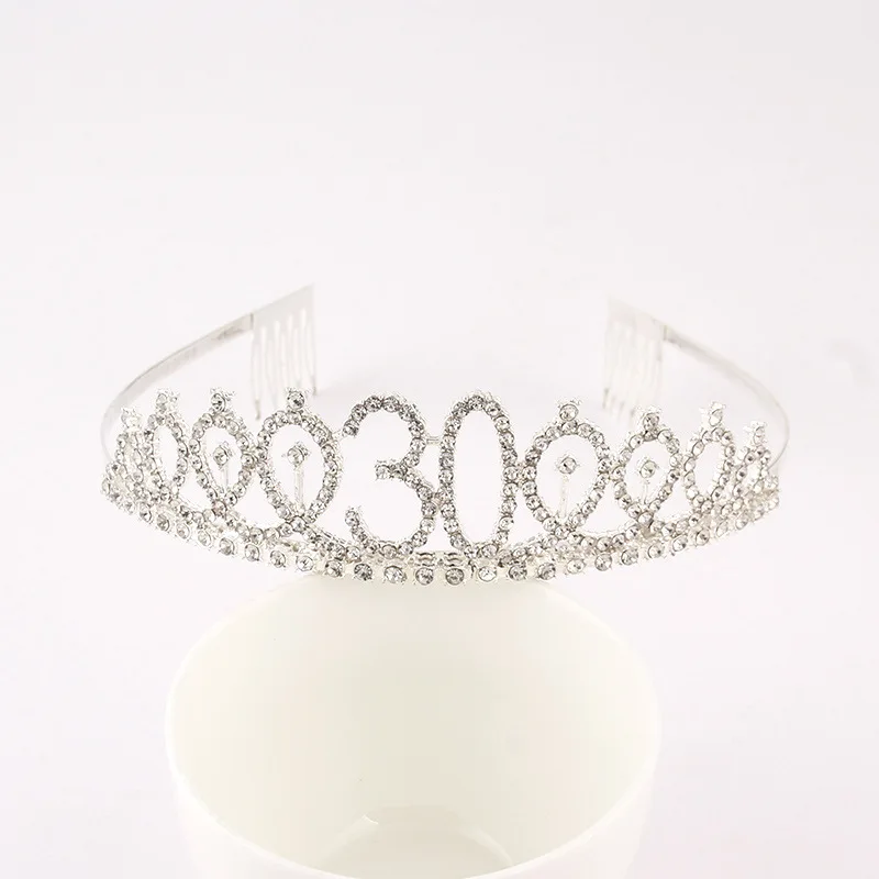Silver 30 40 50 60 70 80 Rhinestone Birthday Tiara Crown Headband Women 30th 40th 50th 60th 70th 80th Birthday Decoration Gift