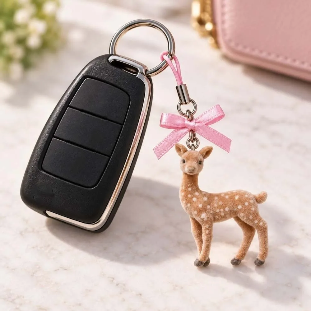 Flower Bag Hanging Flocked Deer Key Chain Miniature Handmade Animal Bag Charm Floral Exquisite Flocked Pendant Handbag