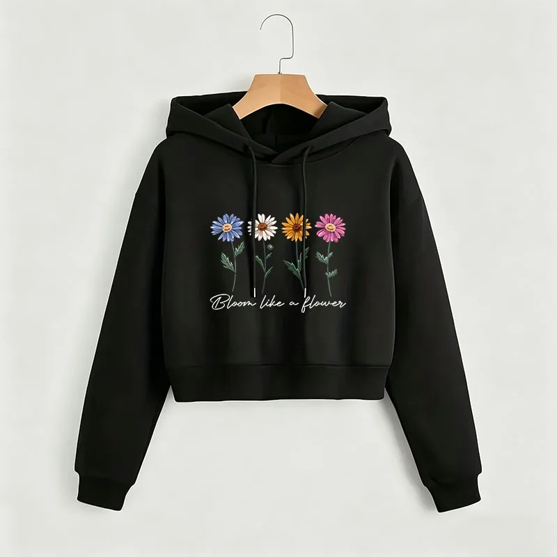 

Casual Floral Print Autumn Winter Cropped Sweatshirt Crop Top Hoodie Y2k Sweatshirts Gothic Casual Style Clothes