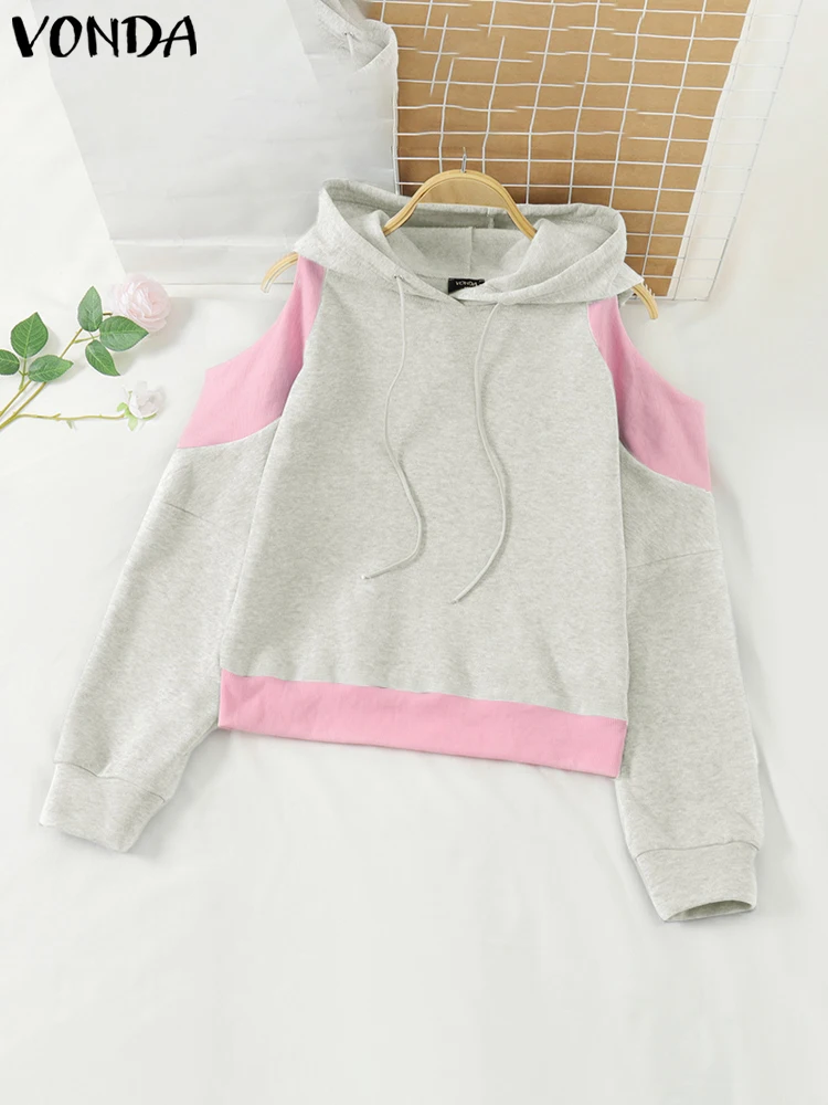

2025 Winter Hooded Sweatshirts Women Patchwork Casual Long Sleeve Pullovers Korean Sweety Off-The-Shoulder Jumpers VONDA