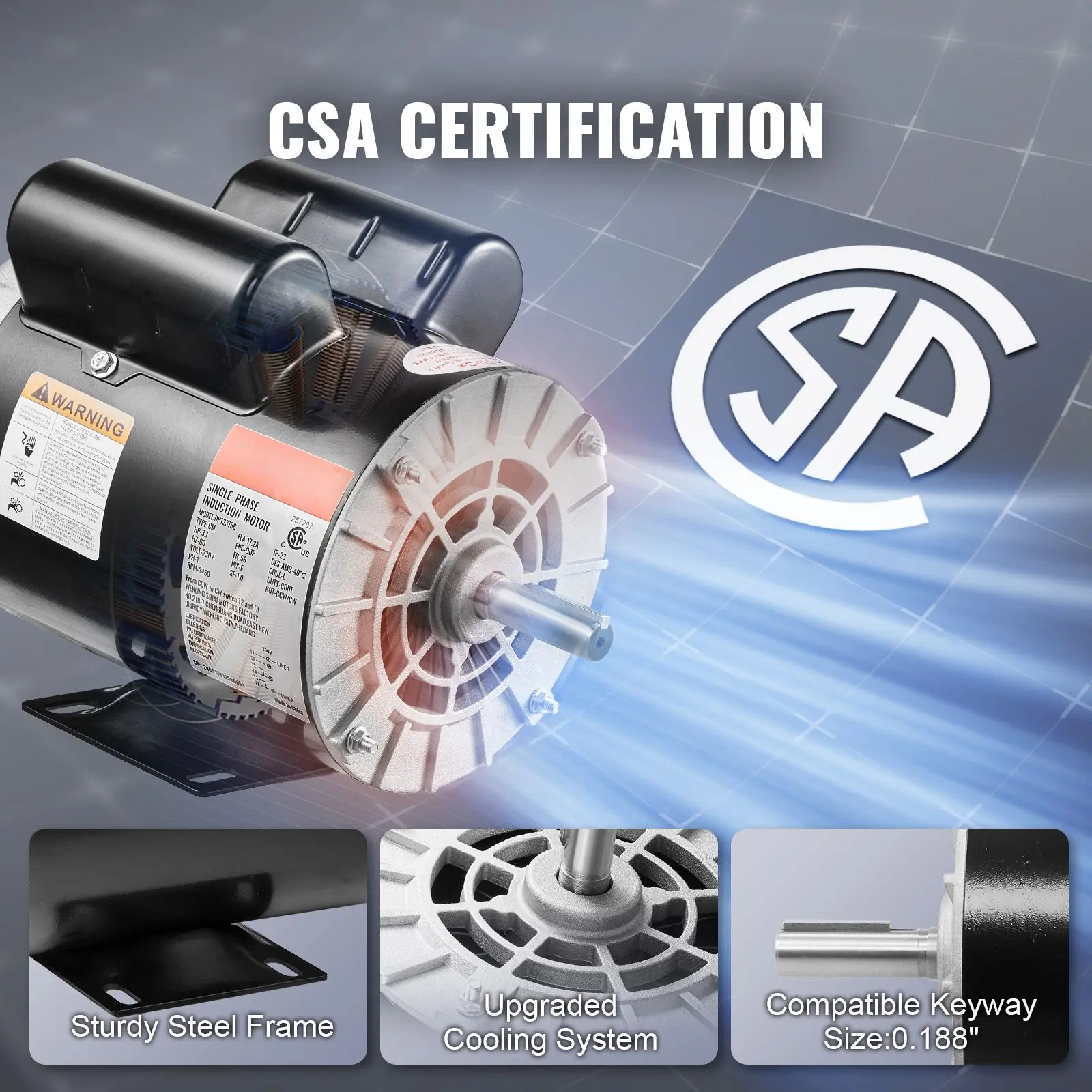 3.7HP Air Compressor Motor, 3450RPM Electric Motor, 230V 17.2 Amps, 5/8