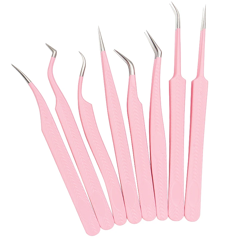 1pcs Pink Stainless Steel Eyelash Extension Tweezers Professional Eyebrow Clip Ice Flower Wood Grain Lash Tweezers Makeup Tools