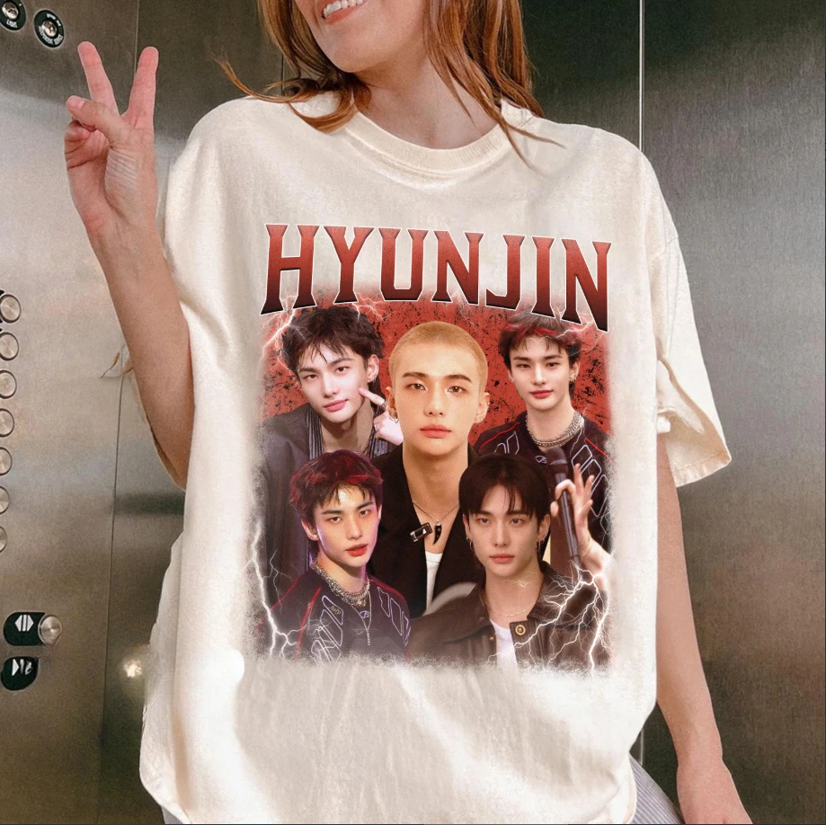 Hyunjin Stray Kids Printed T-shirt Women's Retro Trendy Style Top