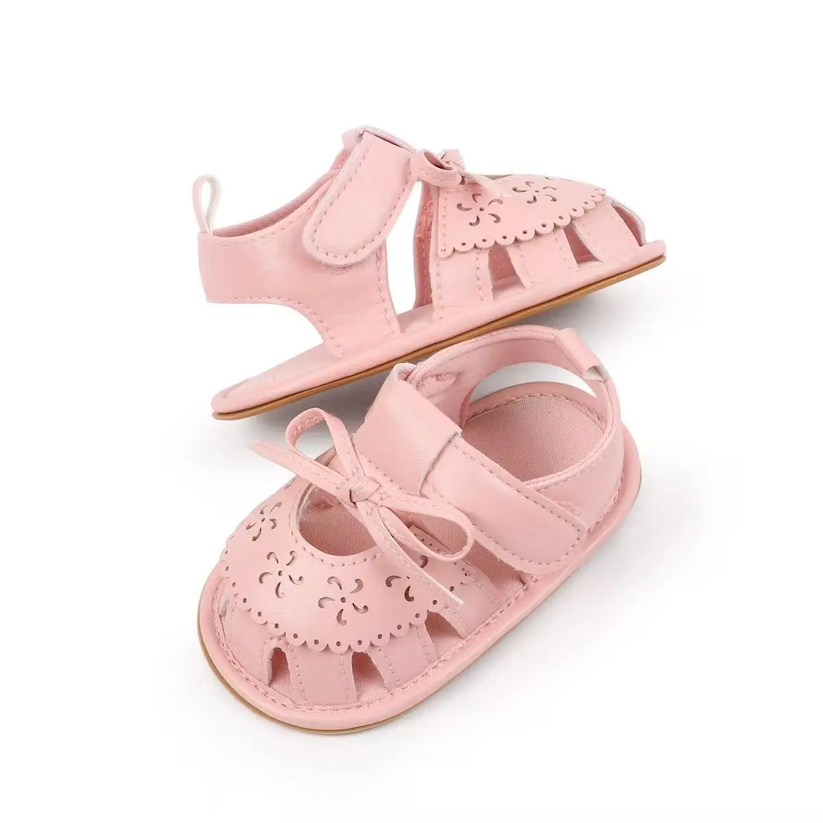 Baby Sandals New Style Pu Solid Color Hollow Flower Baby Shoes 0-1 Years Old Rubber Sole Non-Slip Indoor Breathable Pre-Walking Shoes